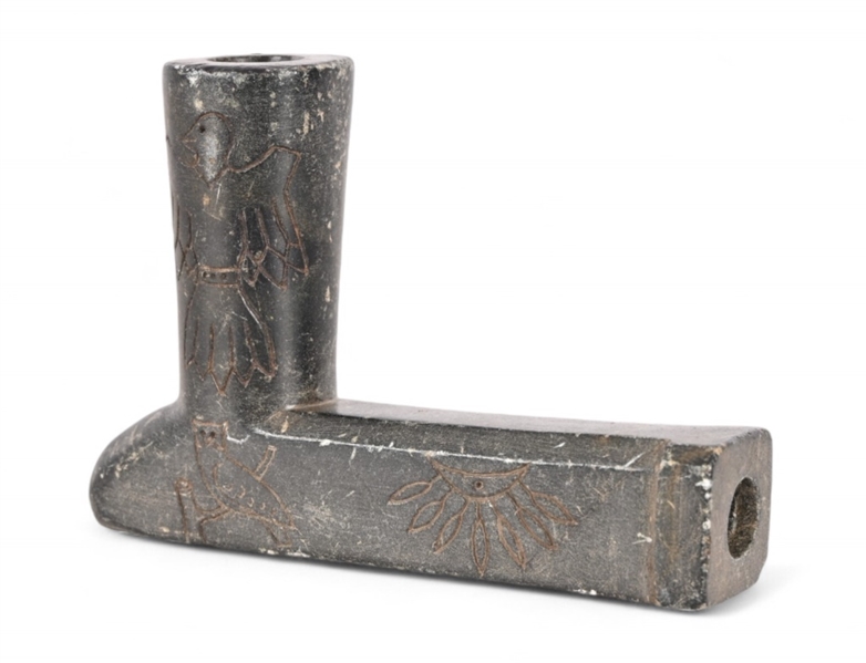 Large Ornate Indian Carved Black Stone Pipe