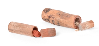(2) Indian Wooden Ochre Paint Storage Bottles