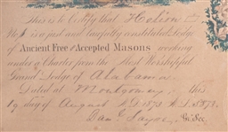 1873 Master Mason Certificate Framed
